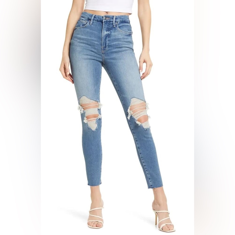 Good American Good Waist Blue Distressed Skinny Jeans Size 29